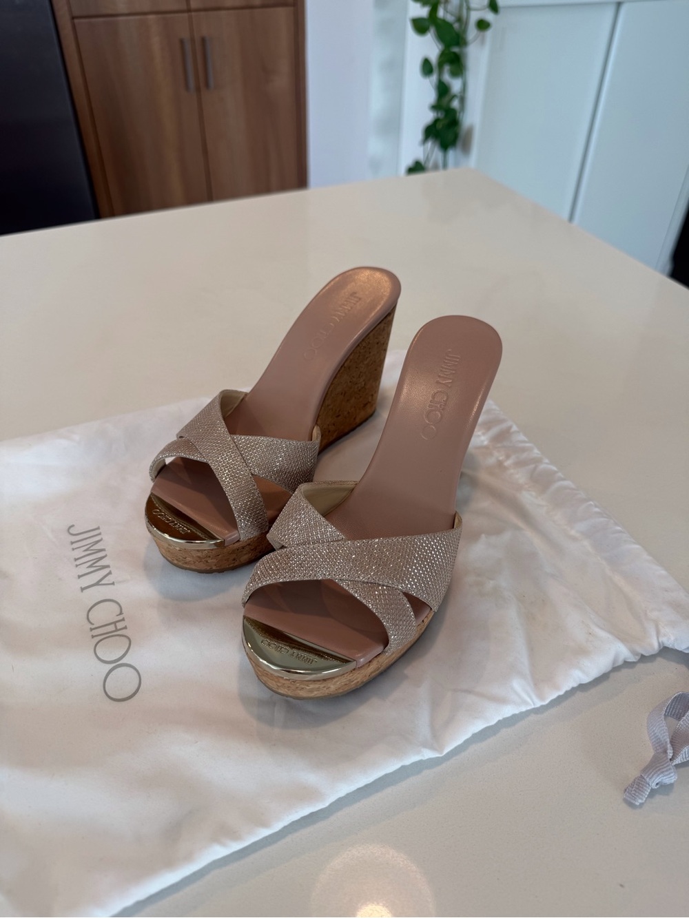 Jimmy Choo Beige Metallic-Strap Cork Wedge Sandals